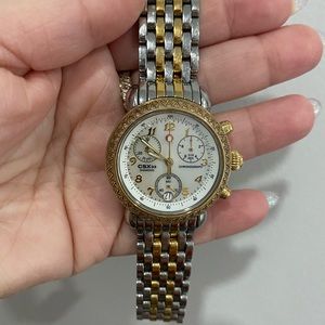 Michele two tone watch with diamond circular face
